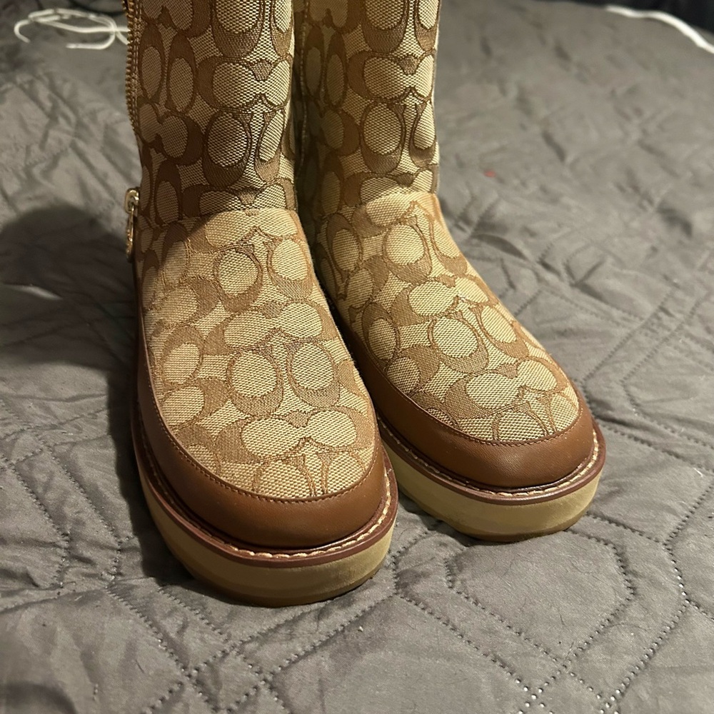 Coach Signature Canvas Platform Lace-Up Boots in Tan
